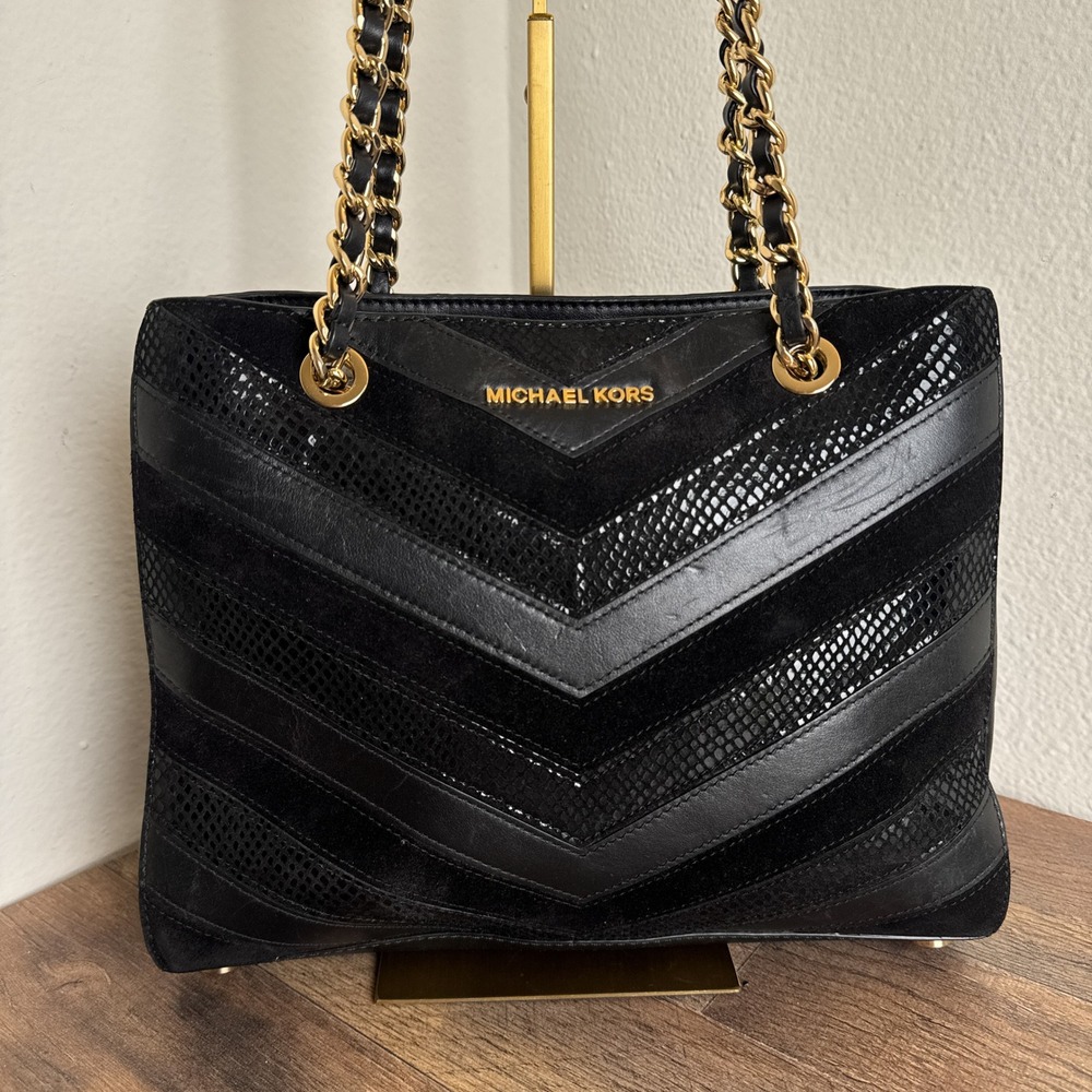 Michael‎ Kors Susannah Chevron Black Tote Bag Patchwork Snakeskin Embossed - Picture 8 of 16